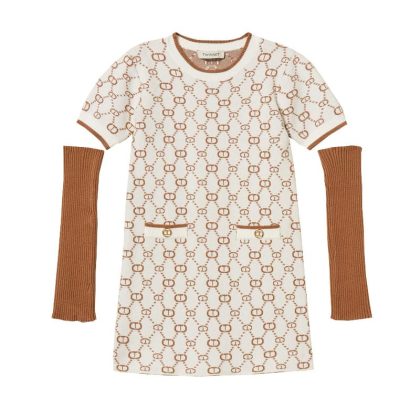 Vestito bambina Twinset bianco in maglia jacquard con logo all over