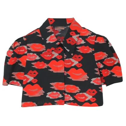 Elisabetta Franchi La Mia Bambina camicia cropped in popeline stampa bocche